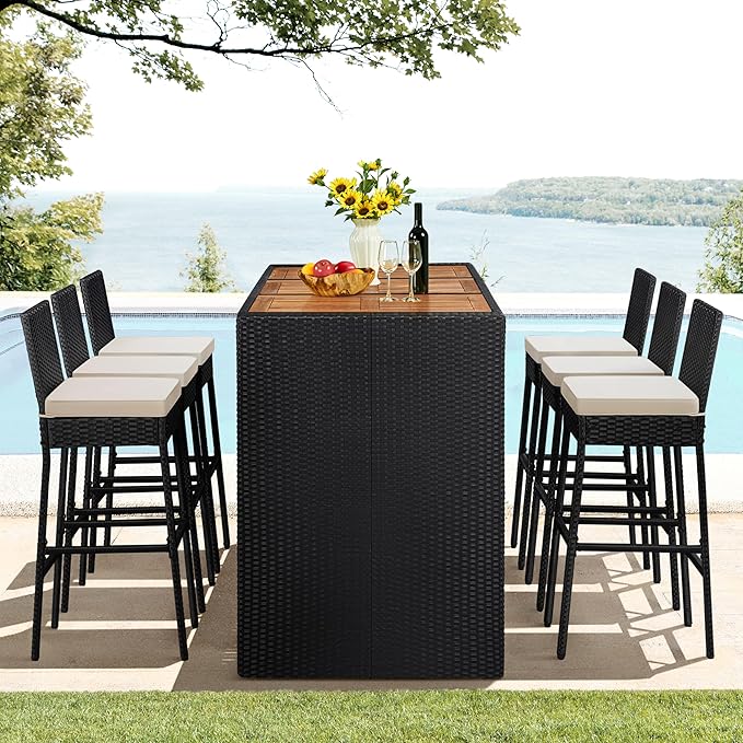 Yaheetech 7 Piece Patio Dining Set Outdoor Acacia Wood Bar Table and Chairs - Image 9