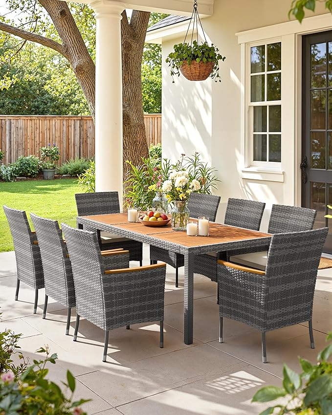 Flamaker 9 Piece Patio Dining Set Outdoor Acacia Wood Table and Chairs - Image 2