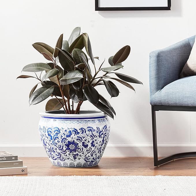 Red Lantern 16" Floral Blue & White Porcelain Fishbowl Planter - Image 2