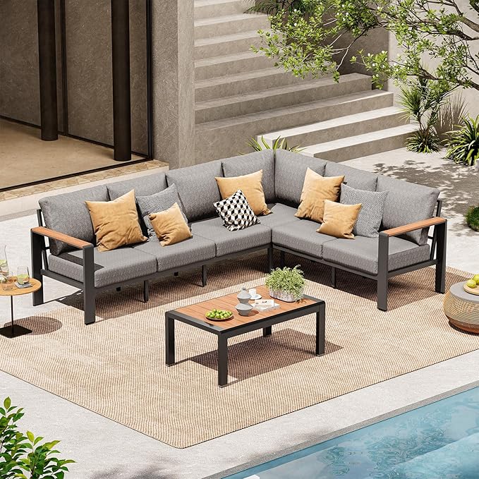 Aluminum Outdoor Patio Furniture Set 6 Seats, Outdoor Sectional Corner Sofa by ComfCove