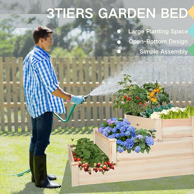 3-Tier Raised Garden Bed with Fabric Liner, Wood Elevated Planter Box with - Image 9