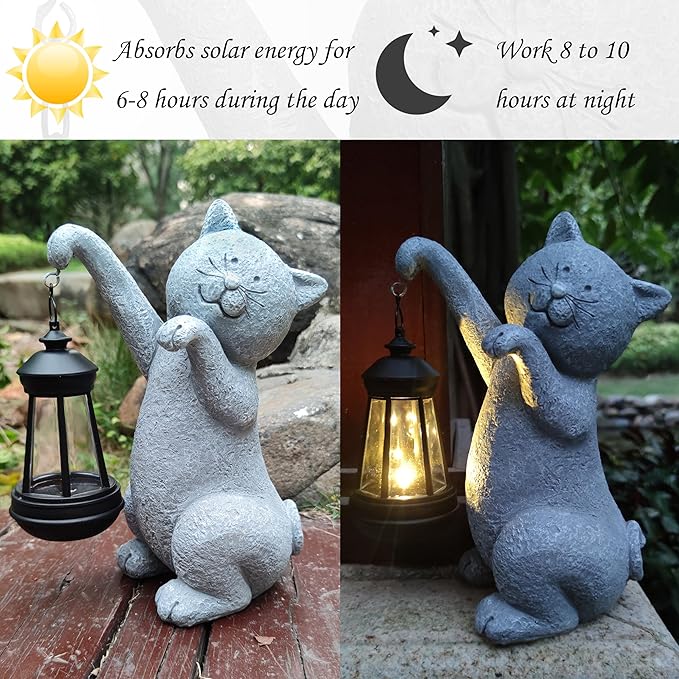 Cat Solar Garden Statues, Resin Cat Figurine Decorations - Image 5