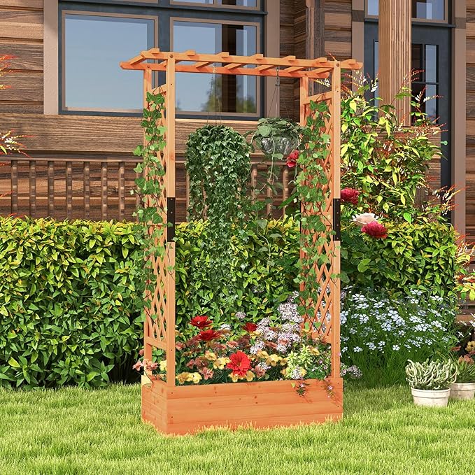 Giantex Raised Garden Bed with Trellis & Hanging Roof, Wood Planter Box with - Image 2