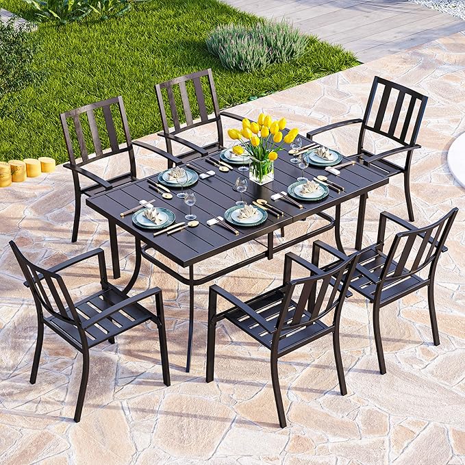 PHI VILLA 6-Person Outdoor Metal Steel Slat Dining Rectangle Table - Image 2