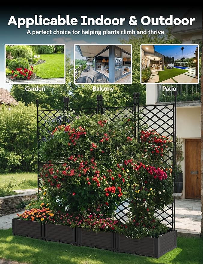 4 PCS Raised Garden Bed with Trellis & Privacy Screen, Flowers on Patio - Image 7