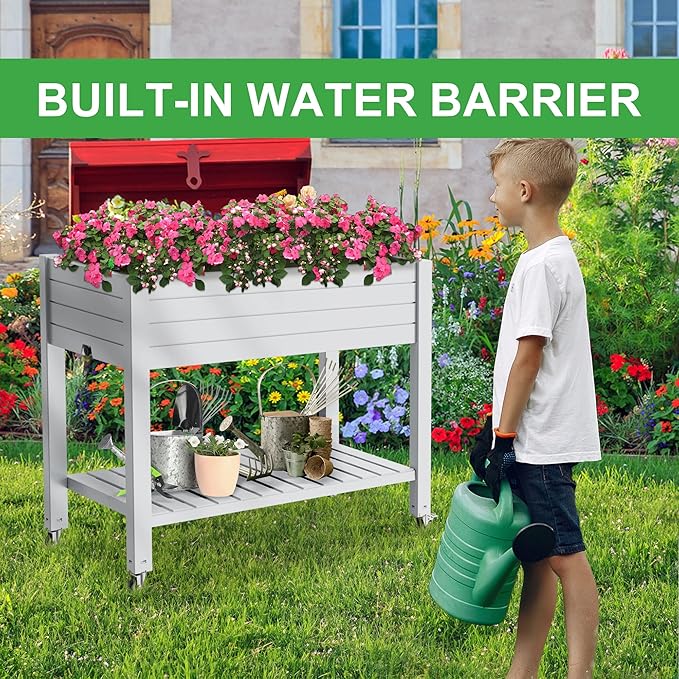 Raised Garden Bed with Legs, 33.66" Tall Self-Watering Resin Planter Box with - Image 6