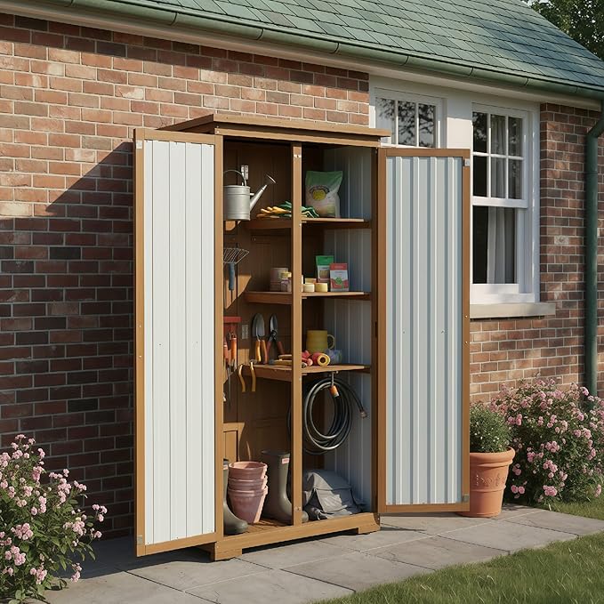 PetsCosset Outdoor Storage Cabinet, Wood & Metal Storage Shed - Image 6