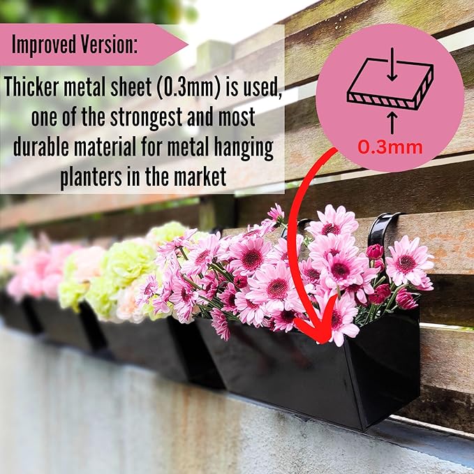 LaLaGreen Rail Planter Box Large Black Metal Hanging Flower Pots, Rectangle - Image 6