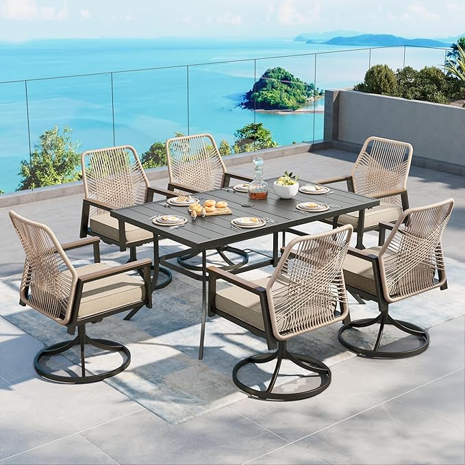 Patio Dining Set 7 Piece, 6 x Woven Rattan Swivel Chairs by SUNSHINEVALLEY