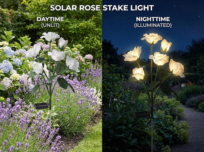 Solar Garden Rose Lights by FANCYPOP, 2 Pack Most Realistic 12 LED Flower Stake - Image 3