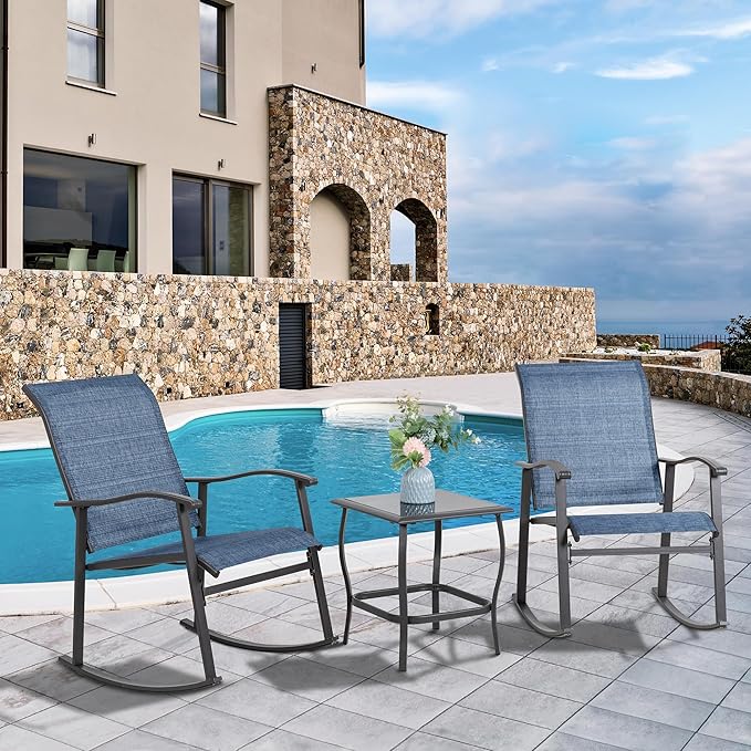 Vongrasig 3 Piece Outdoor Rocking Bistro Set, Textilene Fabric Small Patio - Image 2