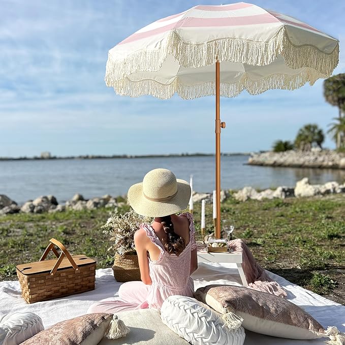AMMSUN Boho Fringe Umbrella Outdoor Patio, 6.5ft UPF50+ Picnic Umbrella - Image 8