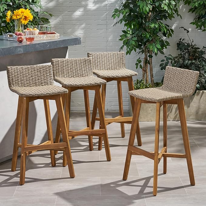 Christopher Knight Home La Brea Outdoor Acacia Wood and Wicker Barstools - Image 2