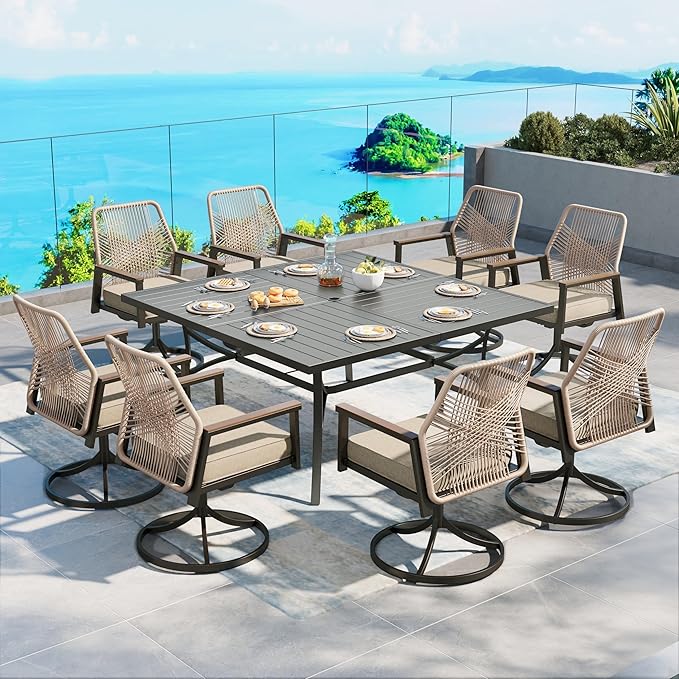 Patio Dining Set 9 Piece, 8 x Woven Rattan Swivel Chairs by SUNSHINEVALLEY