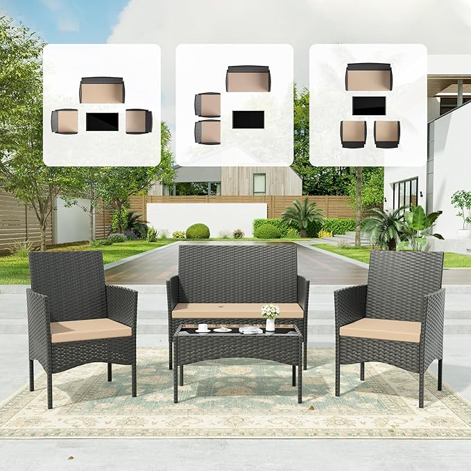 Kullavik 4 Pieces Outdoor Patio Furniture Set, PE Wicker Rattan Chairs Garden - Image 6