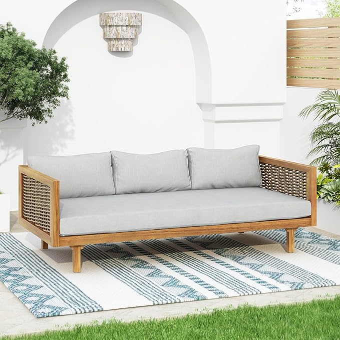 Merax 67.5" Outdoor Patio Daybed 3 Seater Sofa Bed, Acacia Wood Frame - Image 3