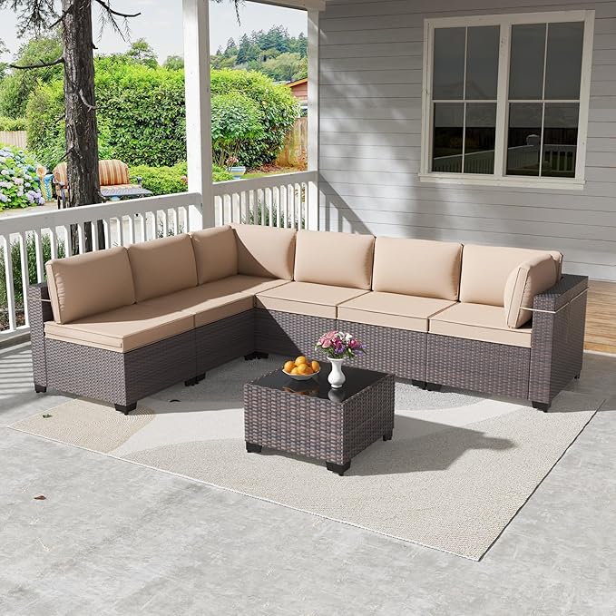 Kullavik 7 Pieces Outdoor Patio Furniture Set PE Wicker Rattan Sectional Sofa - Image 7