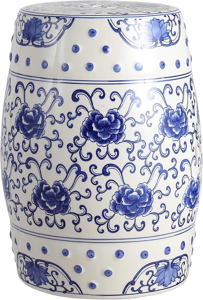 JONATHAN Y TBL1000A Lotus Flower 17.8" Chinoiserie Ceramic Drum Indoor/Outdoor by JONATHANY