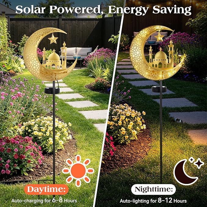 Lewondr 2Pcs Ramadan Solar Lights, Ramadan Decorations Outdoor, Metal Yard - Image 2
