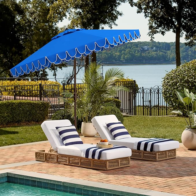 SAFAVIEH 9ft Outdoor Patio Umbrella, Pacific Blue & White Trim, Auto Crank Tilt - Image 7