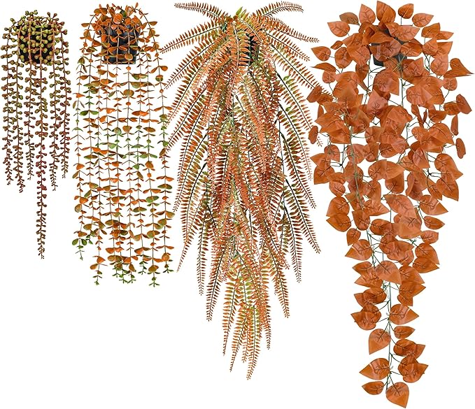 Der Rose 4Pcs Fake Fall Plants Hanging Orange Artificial Eucalyptus Plants by DerRose