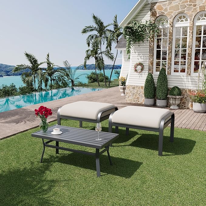 HOMREST Metal Outdoor Ottoman, 3-Piece Aluminum Footstool w/Removable Cushion by HOMREST