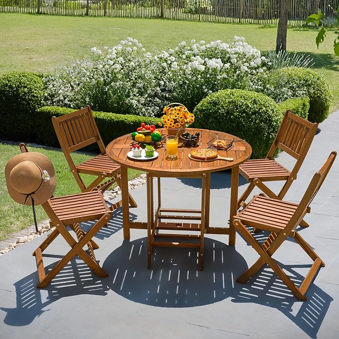 Devoko 5 PCS Patio Furniture, Patio Dining Set Acacia Wood Outdoor Table and - Image 6