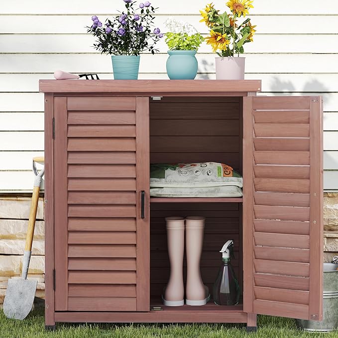 Outdoor Potting Bench with Storage Cabinet and Metal Top, Wood Workstation - Image 9