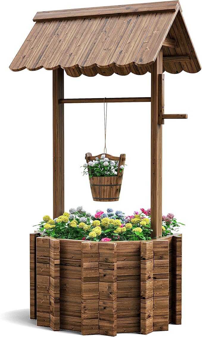 UDPATIO Wishing Wells for Outside, Wooden Wishing Well Planter for Yard by UDPATIO