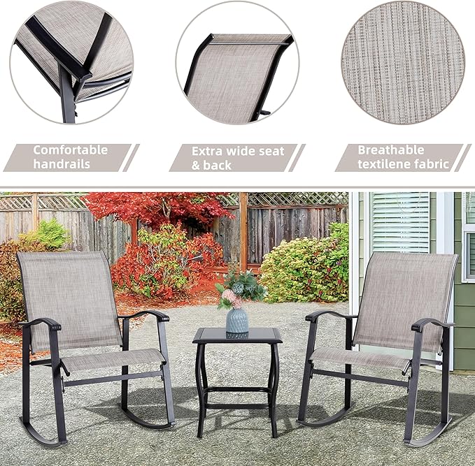Vongrasig 3 Piece Outdoor Rocking Bistro Set, Textilene Fabric Small Patio - Image 4