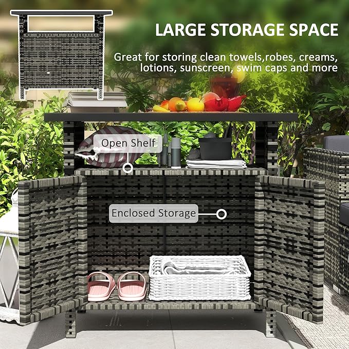 Outsunny Wicker Outdoor Storage Cabinet, Rattan Outdoor Bar Table - Image 3
