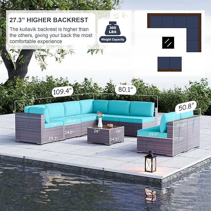 Kullavik 9 Pieces Outdoor Patio Furniture Set PE Wicker Rattan Sectional Sofa - Image 2