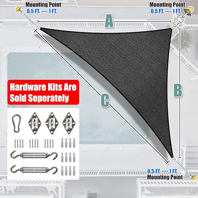 Amgo Custom Size 9' x 17' x 19.2' Black Right Triangle Sun Shade Sail Order to - Image 7