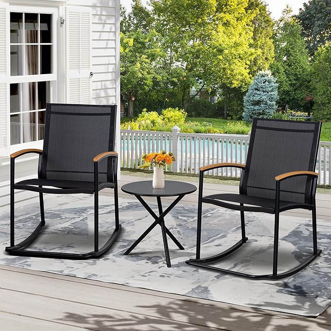Shintenchi 3 Piece Outdoor Rocking Bistro Set, Textilene Fabric Small Patio - Image 7