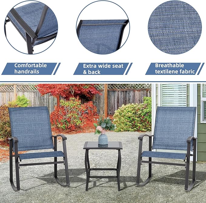 Vongrasig 3 Piece Outdoor Rocking Bistro Set, Textilene Fabric Small Patio - Image 3