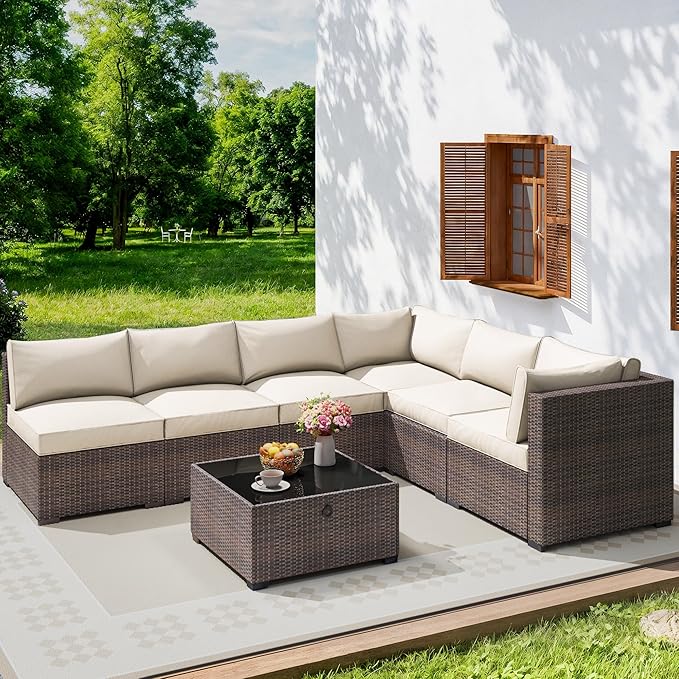 7 Piece Outdoor Patio Furniture Set, Outdoor Sectional Furniture, Rattan & - Image 2
