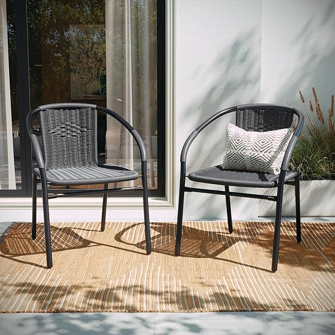 Flash Furniture Lila 2 Pack Gray Rattan Indoor-Outdoor Restaurant Stack Chair - Image 2