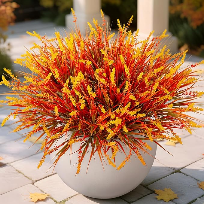 Artificial Fake Plants Flowers for Outdoors Fall Decor, 12 Bundles Fall Leaves by Ammyoo