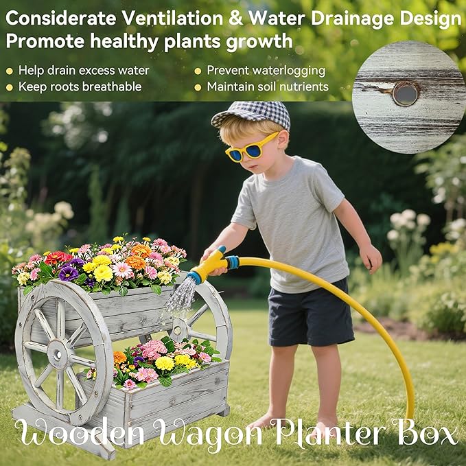 NestNature Wooden Wagon Planter Box, Raised Garden Bed, Decorative Garden - Image 9
