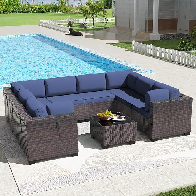 Kullavik 9 Pieces Outdoor Patio Furniture Set PE Wicker Rattan Sectional Sofa by KULLAVIK