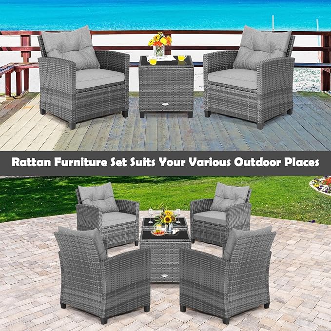 Tangkula 3 Pieces Patio Furniture Set, Outdoor PE Rattan Conversation Chair Set - Image 5