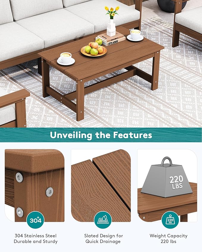 SERWALL HDPE Patio Coffee Table, Rectangle Outdoor Coffee Table, All-Weather - Image 6