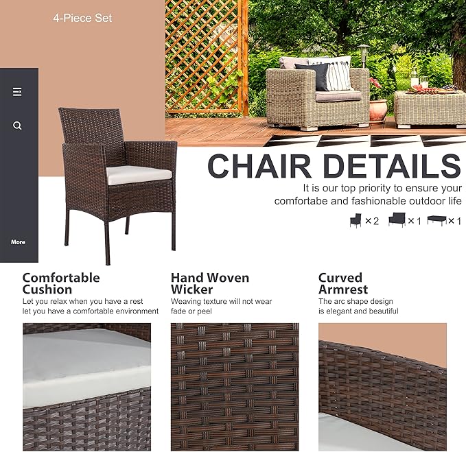 Shintenchi 4 Piece Outdoor Patio Furniture Set, Wicker Rattan Patio - Image 3