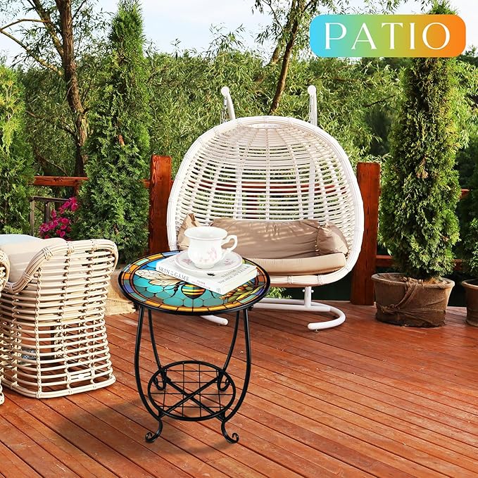Outdoor Side Table Round Small Mosaic Patio Accent Indoor End Plant Coffee Tea - Image 4