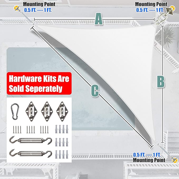 Amgo Custom Size 8' x 8' x 11.3' White Right Triangle Sun Shade Sail UPF50+ - Image 8