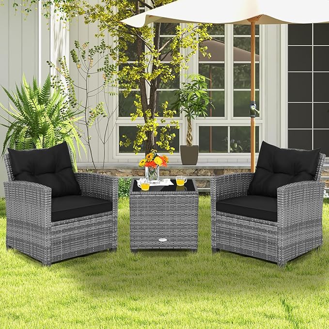 Tangkula 3 Pieces Patio Furniture Set, Outdoor PE Rattan Conversation Chair Set - Image 8