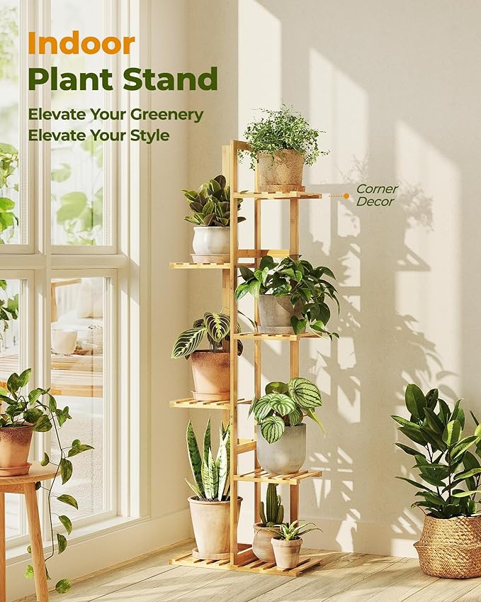 Bamworld Bamboo Plant Stand Indoor 6 Tiered Plant Shelf Outdoor Corner Plant - Image 3