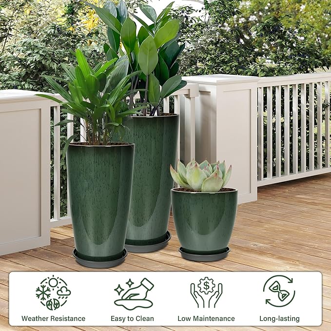 24/21/12 Inch Large Plastic Planter, Lightweight Ceramic-Look Tall Planters - Image 2