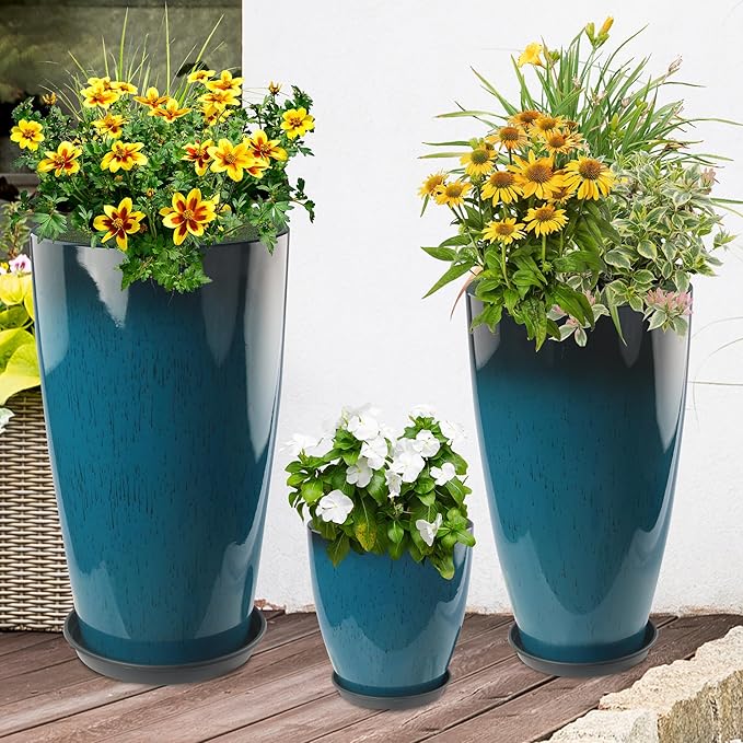 24-21-11 Inch Tall Planters Set of 3, Indoor Outdoor Blue Glossy Round Planter - Image 6