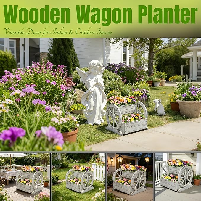 NestNature Wooden Wagon Planter Box, Raised Garden Bed, Decorative Garden - Image 5